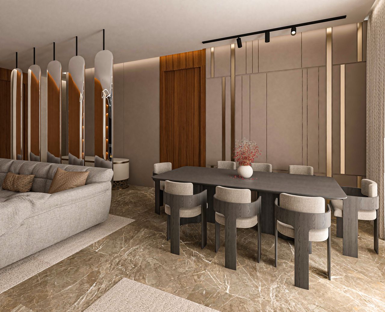 home-hero Elegant contemporary interior showcasing a luxurious dining area and cozy seating arrangement.