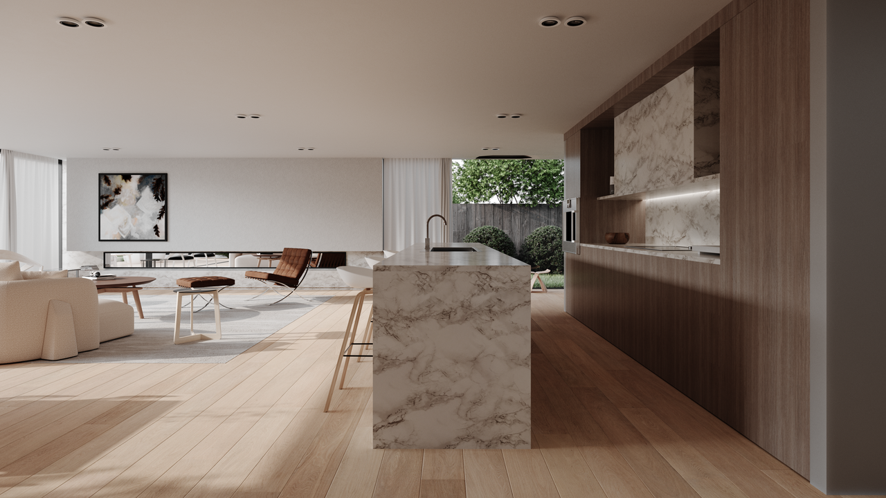about-us Stylish modern kitchen and living room with marble countertops and open design.